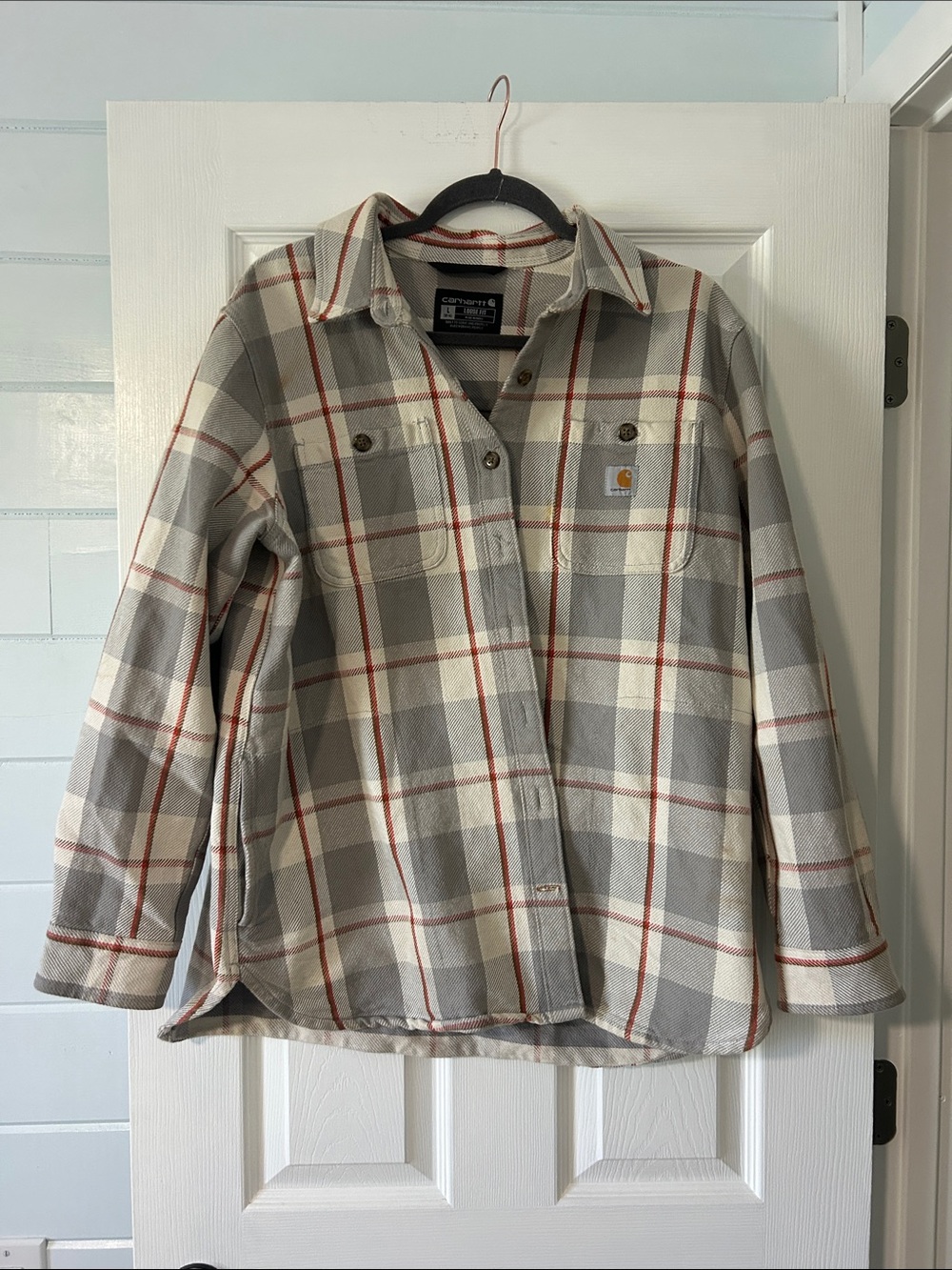Carhartt Women's Plaid Utility Shacket in Cream, Gray & Rust
